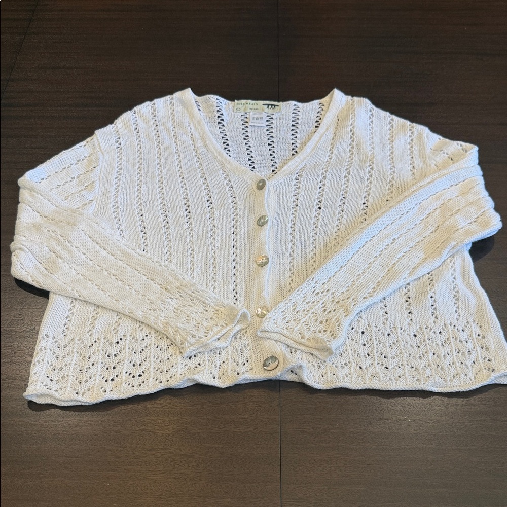 Inis Meáin Elegant Airy Irish Knit White Linen Cardigan